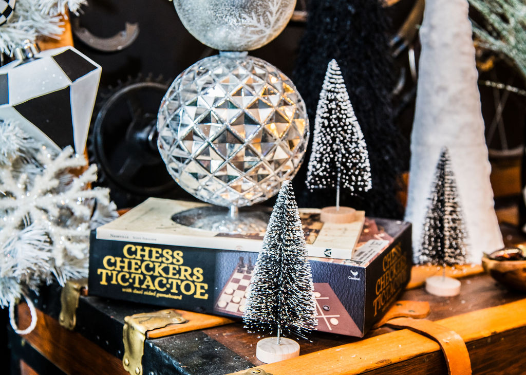 Elegant Christmas holiday vignette with ornaments and miniature trees by CB Designs